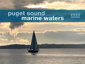 The cover photo from the Marine Waters Overview Report 2022 shows a sailboat sailing on Puget Sound.