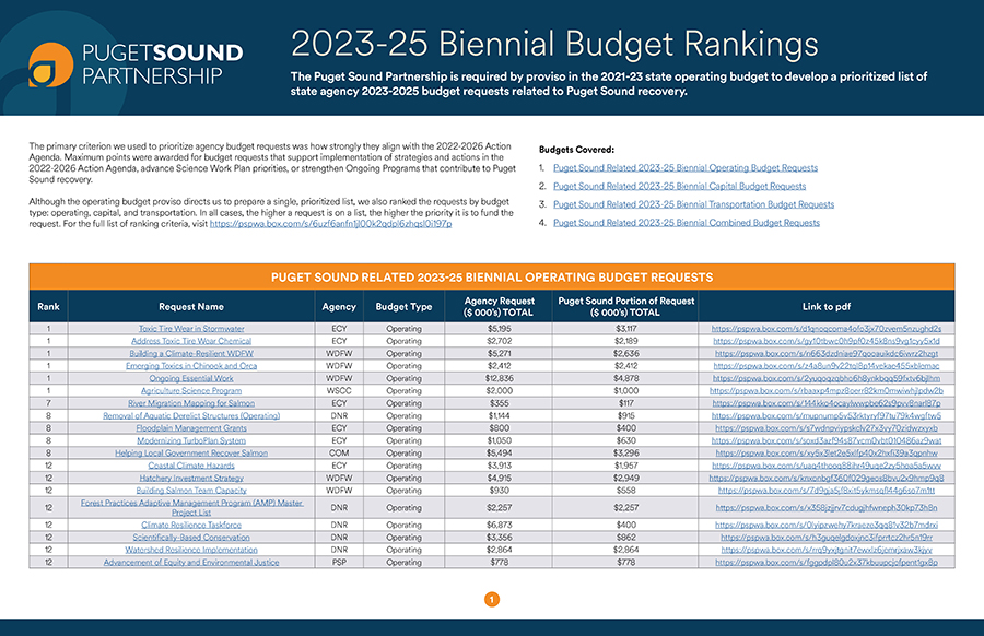 Screenshot of the 2023-2025 Puget Sound Budget Rankings produced by the Puget Sound Partnership.