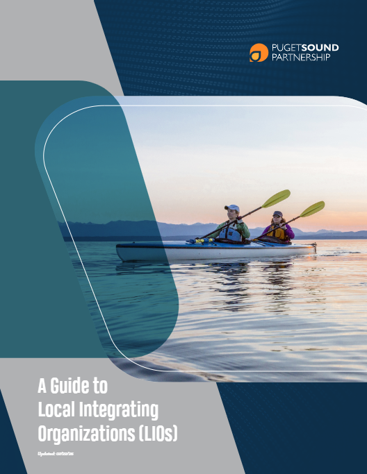 A screenshot of the guide to Local Integrating Organizations. Two people row inside a kayak and are framed by three blue and grey boxes