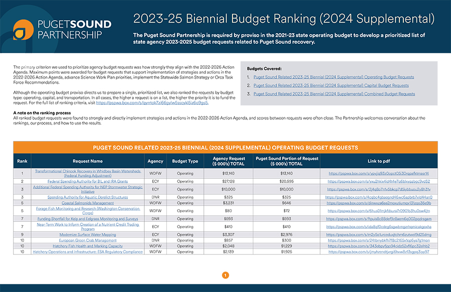 Screenshot of the 2024 supplemental Puget Sound Budget Rankings produced by the Puget Sound Partnership