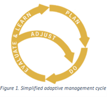 An image of the simplified adaptive management cycle. Four arrows make up a circle to show that each part of the cycle interacts with the others. Each arrow says Evaluate and Learn, Adjust, Plan, and Do.