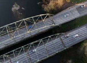 An aerial photo of the Nisqually Bridge.